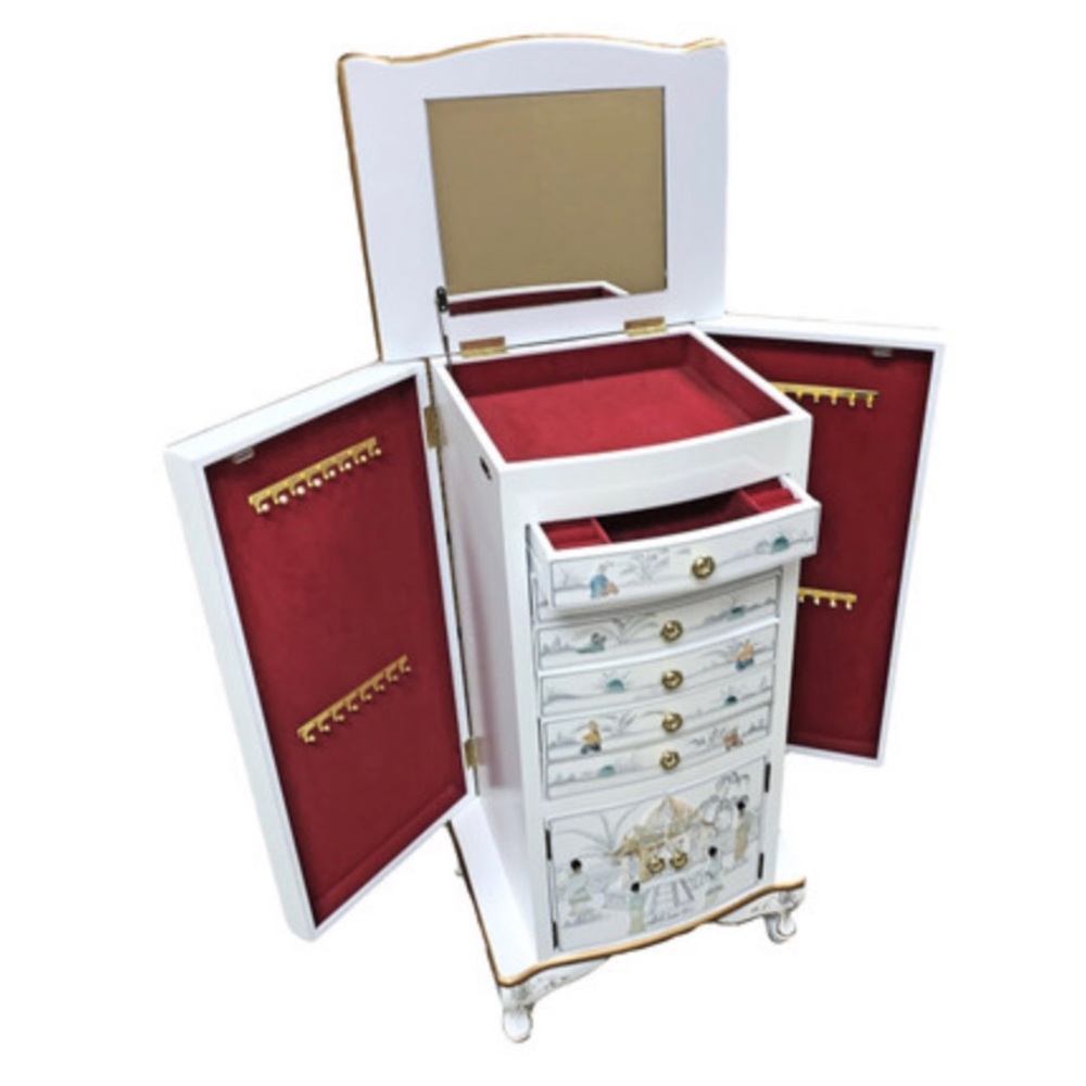 👘💛 RARE! 💛 Oriental Gold Lacquer Jewelry Armoire With Geisha Design! 39”…